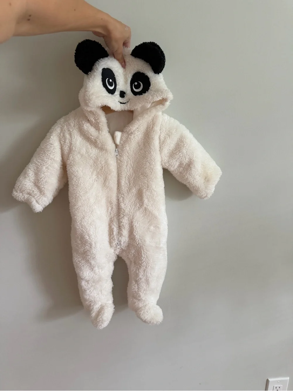 Plush Panda Hooded Footed Baby Romper 0–12M Cream